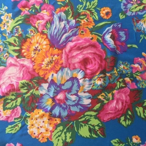 Vintage Silky Square Scarf in Blue with Beautiful Flowers - Picture 2 of 4